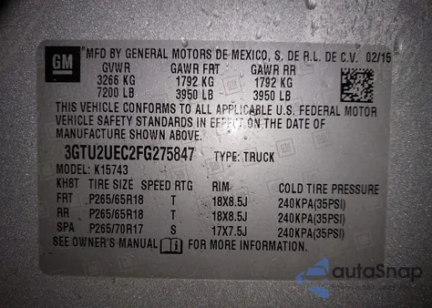 2015 GMC Sierra 1500 Sle z USA, uszkodzony, nr VIN 3GTU2UEC2FG275847